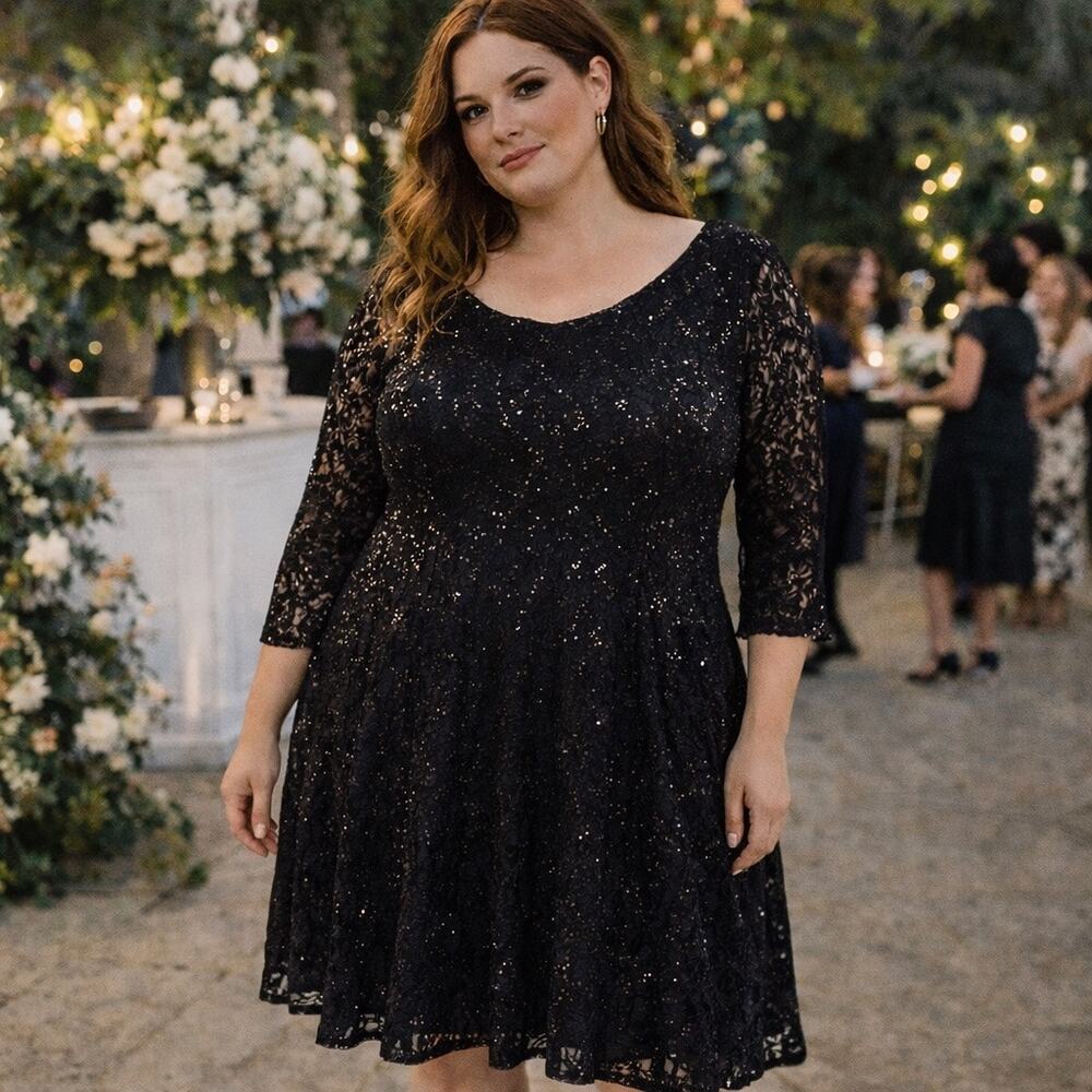 SL Fashions Black Sequin Lace A-Line Formal Dress 3/4-Sleeve